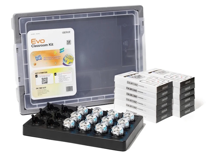 Packaging and display set for Evo wireless batteries: a gray box with labeled insert, a tray holding multiple small cylindrical cells, and a stack of additional battery packs