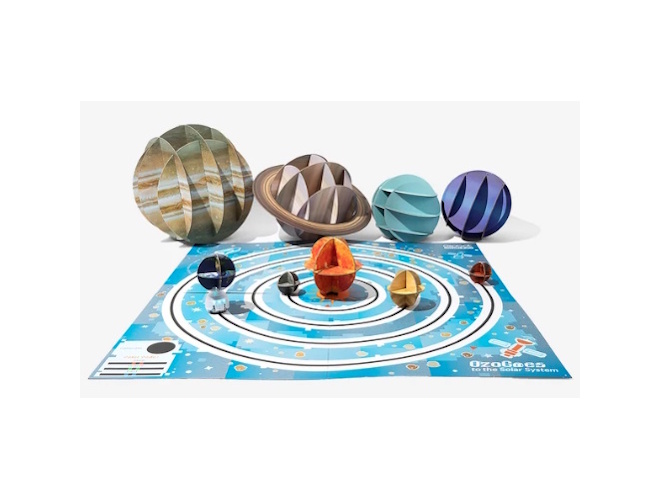 A colorful diagram of a circular solar system model on a blue base, with multiple striped planet-like spheres and a central ringed structure connected by curved lines